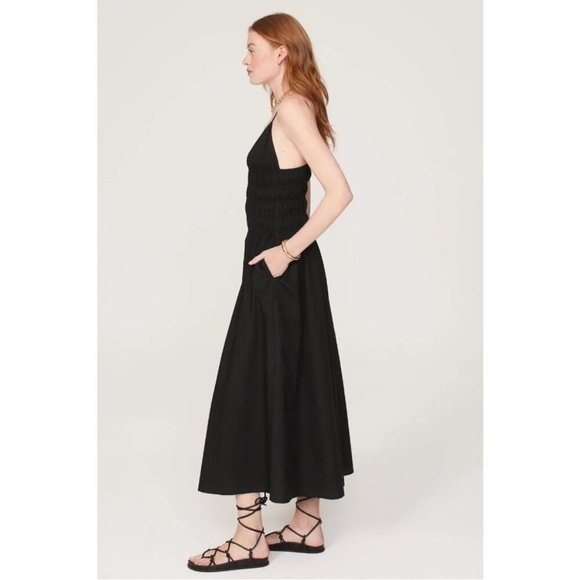 Sau Lee Brielle Midi Dress Black 100% Cotton Smock Waist V-Neck Back Zipper Sz 8 - Picture 3 of 12